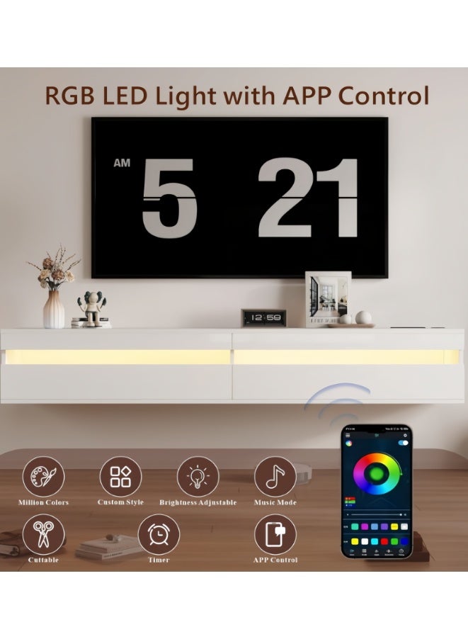 حامل تلفزيون عائم، رف تلفزيون مثبت على الحائط مع أضواء LED ومخرج طاقة، وحدة وسائط متعددة حديثة بطول 160 سم مع مساحة تخزين، خزانة تلفزيون لامعة لأجهزة التلفزيون مقاس 65/75/80 بوصة (DSG054) - Image 1